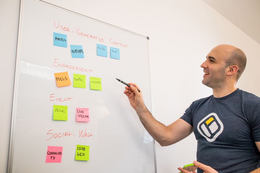 A content strategist mapping out a marketing content plan on a whiteboard